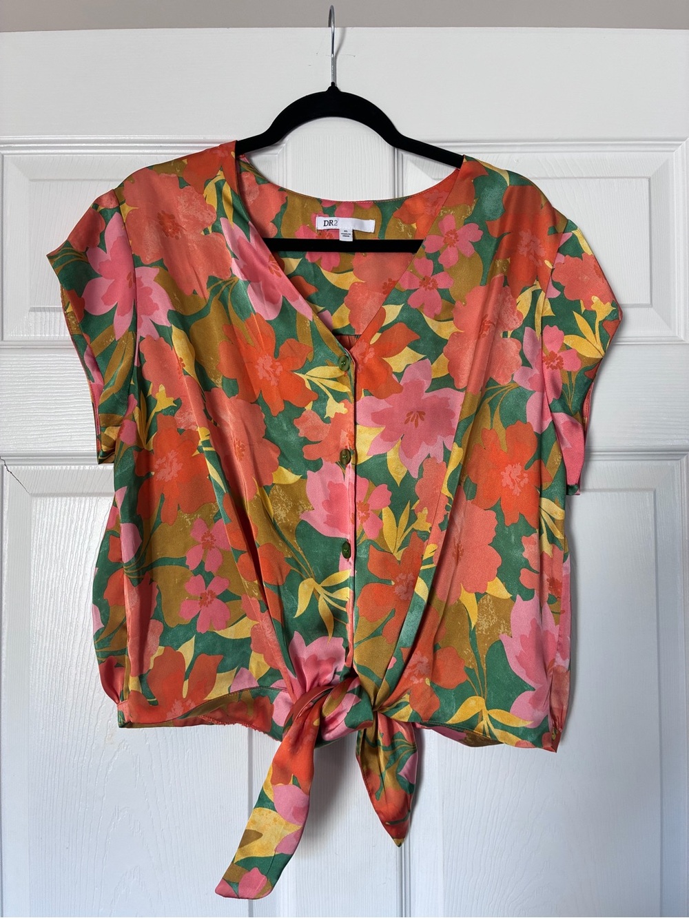 DR2 Coral Pink & Green Floral Tie-Front Blouse